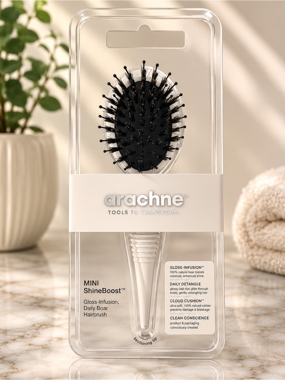 Arachne Mini ShineBoost Daily Boar Hair Brush White New